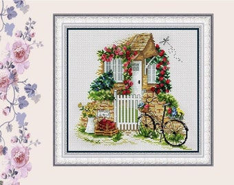 Cross stitch kit Summer day, Landscape Bicycle and Flowers counted cross stitch kit, DIY farmhouse home decor