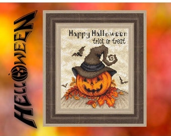 Cross Stitch Kit Trick or treat, Happy halloween counted cross stitch kit, Set for embroidery with threads, DIY Wall decor Pumpkin