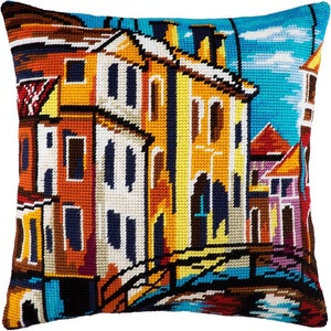 DIY Needlepoint Pillow Kit Venice, Tapestry Pillow kit Bright cityscape, Embroidery kit 16&quot;x16&quot; Half Cross Stitch Kit, Printed Canvas
