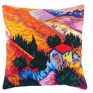 DIY Needlepoint Pillow Landscape with a House, Tapestry Pillow kit, Embroidery kit 16&quot;x16&quot;, Half Cross Stitch cushion Kit, Printed Canvas