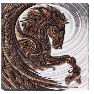 May include: A black horse with brown and gold accents is depicted in a beaded art piece. The horse is in a rearing pose with its wings spread out. The background is a white swirl pattern.