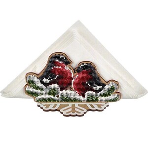 Kit fai da te Porta tovaglioli natalizi con perline, Set per perline su legno Ciuffolotti, Decorazioni natalizie con perline su tavola in legno