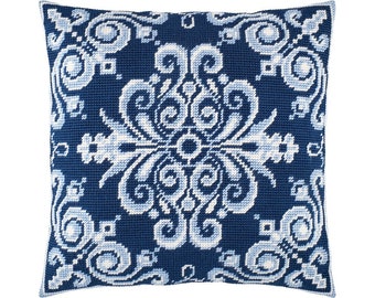 DIY Needlepoint Pillow Kit Geometric, Tapestry Pillow kit Blue white ornament, Embroidery kit 16"x16" Half Cross Stitch Kit, Printed Canvas