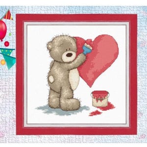Kit ponto cruz Urso Bruno, Kit ponto cruz Ursinho de pelúcia desenha um coração, Ponto cruz desenho animado, Decoração de bordado para quarto infantil