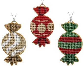 DIY Christmas candy ornament, Bead embroidery on wood set, Bead stitching wood decor, DIY Christmas tree ornaments