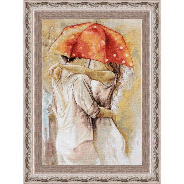 Counted Cross Stitch Kit Under Umbrella Cross Stitch Kiss of lovers DIY Embroidery picture in pastel colors for the bedroom of the newlyweds