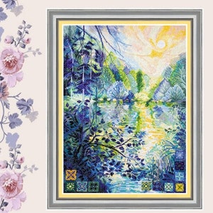 Cross stitch kit Dawn over the river, Counted cross stitch kit Summer landscape, Modern embroidery kit Nature, DIY Craft Kit for adult