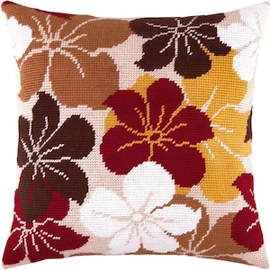 DIY Needlepoint Pillow Kit Periwinkles, Tapestry Pillow kit Catharanthus, Embroidery kit 16&quot;x16&quot; Half Cross Stitch Kit, Printed Canvas