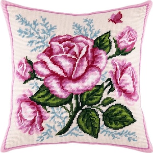 Kit de almohada DIY Needlepoint Ramo de rosas, Kit de almohada tapiz Flores rosas, Kit de bordado 16&quot;x16&quot; Half Cross Stitch Kit Lienzo impreso