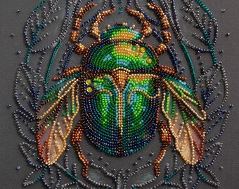 Emerald Beetle Bead Embroidery Kit: DIY Beaded Bug on Canvas (7.9"x7.9")