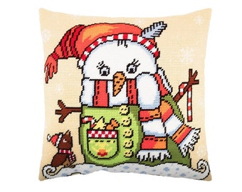 DIY Needlepoint Pillow Kit Snowman, Tapestry Pillow kit, Embroidery kit 16"x16", Half Cross Stitch cushion Kit, Printed Canvas, christmas