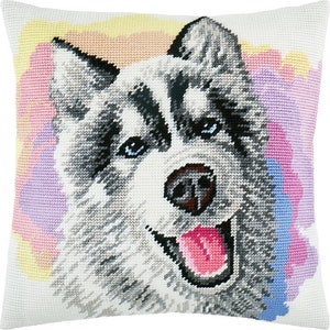 DIY ニードルポイント ピローキット ハスキー、タペストリー ピロー クッションキット 動物 犬、刺繍キット 16"x16" ハーフクロスステッチキット、プリントキャンバス