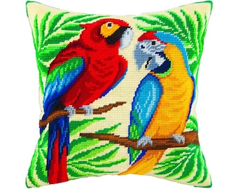 DIY Needlepoint Pillow Kit Two Parrots Tapestry Pillow kit Tropical birds Embroidery kit 16x16" Half Cross Stitch cushion Kit Printed Canvas