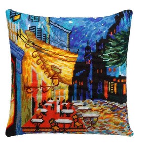 DIY Needlepoint Pillow Kit Café Terrace at Night, Tapestry Pillow kit, Embroidery kit 16&quot;x16&quot; Half Cross Stitch Kit, Printed Canvas