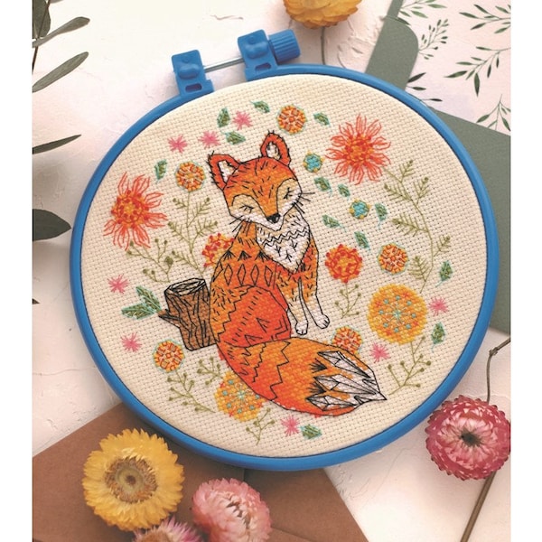 Cross stitch kit Red fox, Counted cross stitch kit with hoop Fox in flowers, Modern round embroidery in hoop, DIY Craft Kit for beginer