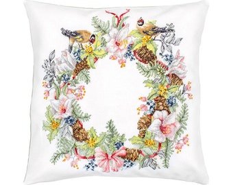 Cross stitch pillow kit Flower wreath, Embroidery Kit December, New Modern Counted Cross Stitch Pillowcase, Needlepoint Cushion Kit