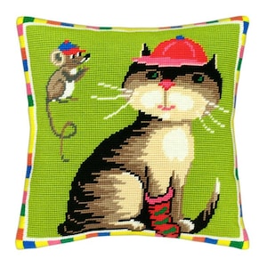 Kit cuscino ricamo fai da te Un gatto e un topo, kit cuscino arazzo, kit ricamo 16"x16" kit punto croce mezzo, tela stampata