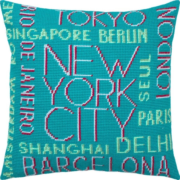 DIY Needlepoint Pillow Kit Cities, Tapestry Pillow kit Inscription, Embroidery kit 16"x16" Half Cross Stitch Kit, Printed Canvas Words