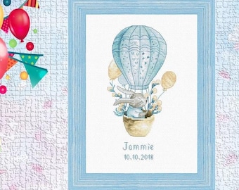 Rabbit Balloon Cross Stitch Kit: Baby Boy Birth Record Sampler