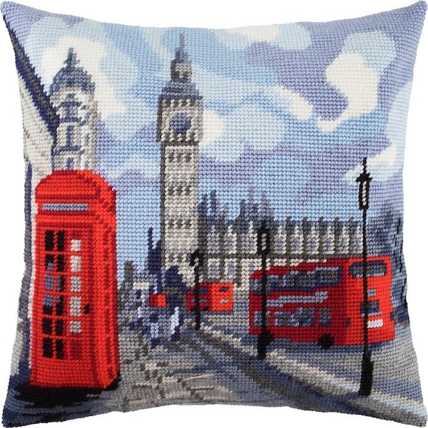 DIY Needlepoint Pillow Kit London, Tapestry Pillow kit Cityscape, Embroidery kit 16"x16" Printed Canvas Half Cross Stitch Kit Big Ben