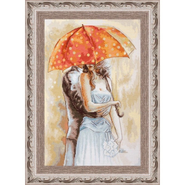 Counted Cross Stitch Kit Under Umbrella Cross Stitch Kiss of lovers DIY Embroidery picture in pastel colors for the bedroom of the newlyweds