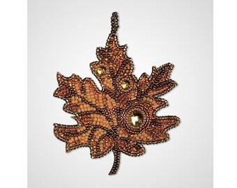 Embroidery bead kit Maple leaf pendant, Embroidery kit beading two way pendant, Golden leaf pendant, Creative pendant kit Autumn DIY