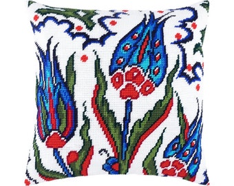 DIY Needlepoint Pillow Kit Turkish Tulips, Tapestry Pillow kit Flowers, Embroidery kit 16"x16" Half Cross Stitch cushion Kit Printed Canvas