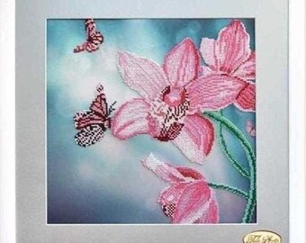 May include: A framed embroidery depicting pink orchids with butterflies against a blue and white background.