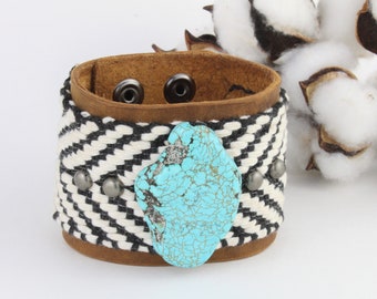 Fullgrain Cowhide Turquoise Slab Cuff · Black and White Chevron Woven Adjustable Snap Bracelet · Hand Stitched Southwestern Leather Bracelet