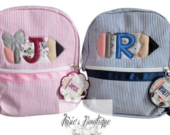 Personalized Embroidered Backpacks • Seersucker Cutest Pencil Applique Backpack with Matching Bag Tags • Custom Bookbags Toddlers - Fullsize