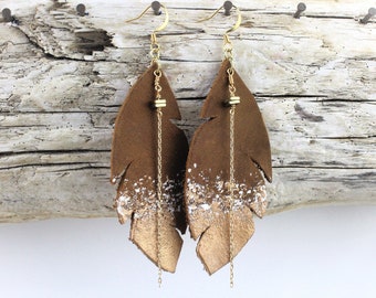 Fullgrain Cowhide Gold Dipped Feather Earrings on 22K French Earwires · Handcut Matte Quality Leather Leaf Earrings ·Boho Natural Earrings