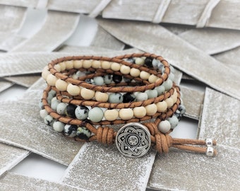 Triple Wrap Genuine Leather and Stone Bracelet · Pale Turquoise and Wood Diffuser Wrap Bracelet · Cute Bohemian Mala Neutral Tone Bracelet