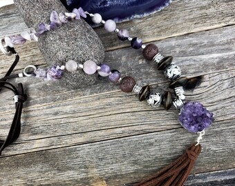 Genuine Amethyst Leather Necklace · Calming Natural Statement Necklace · Real Suede Tassel Diffuser Necklace · Purple Druzy Tassel Necklace