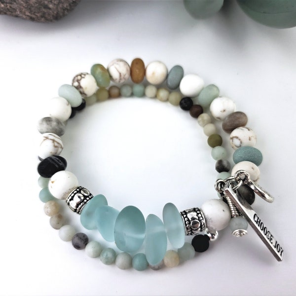 Stretch Genuine Stone Healing Bracelet · Amazonite Aqua and White Turquoise Bracelet · Boho Yoga Bracelet Diffuser Gifts · Choose Joy