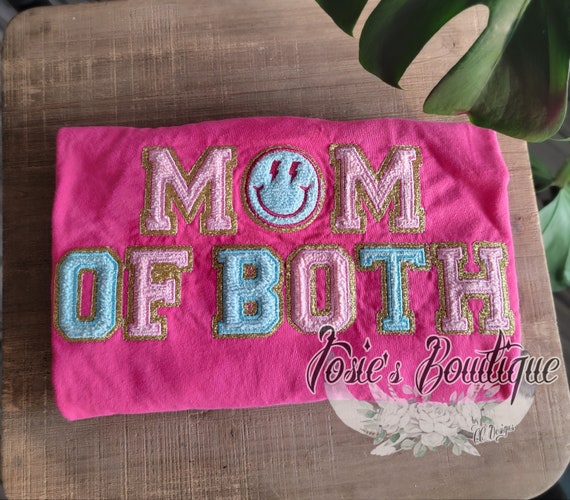 Embroidered Mama Chenille Style Comfort Colors Tshirt • Boy Mom/Girl Mom Shirt/ Twin Mom/ Mom of Both Chille Embroidered Smiley Shirt