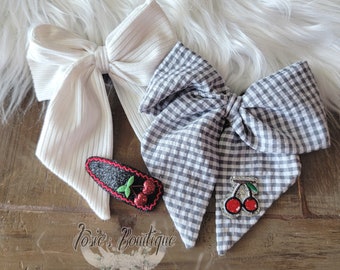 Adorable Cherry Bow Collection • Perfect White Sailor Bow and Cherry Patch Sailor Bow Paired with Cherry Snapclip • Quality Bows With Love