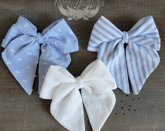 Best Linen and Chambray, Simple Staple Bow Collection • Blue Ticking Sailor Bow • White Linen Sailor Bow • Swiss Dot Chambray Sailor Bow