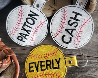 Embroidered Leather Baseball Bag Tags • Softball and Baseball Name Tag for Zipper or Keychain • Custom Name Bag Tags • Sport Bag Name Tags