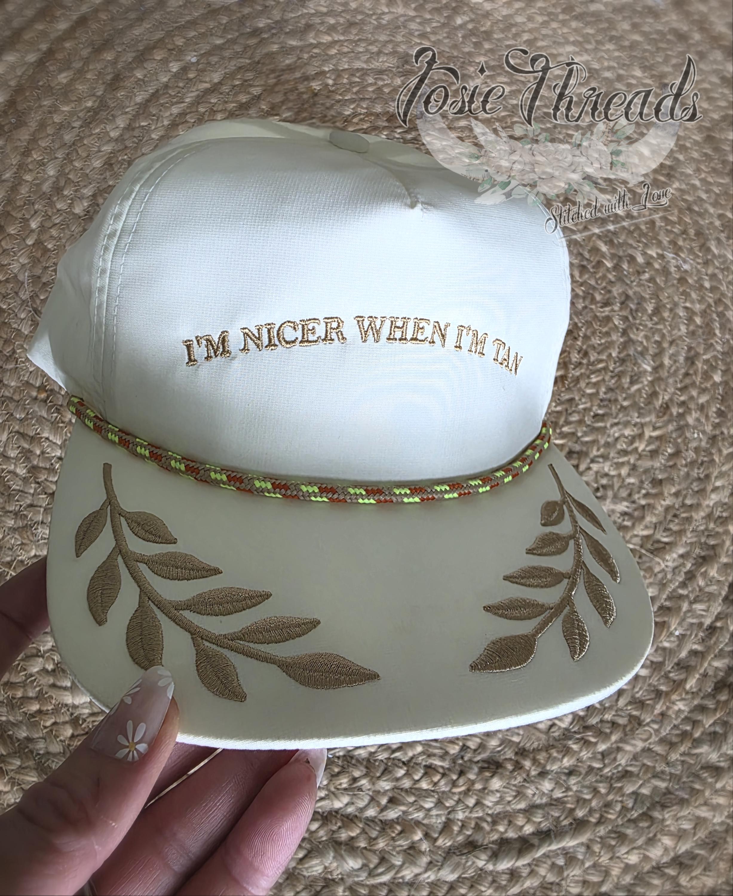 Personalized Oak Leaf Embroidered Rope Hat: Cream & Tan 