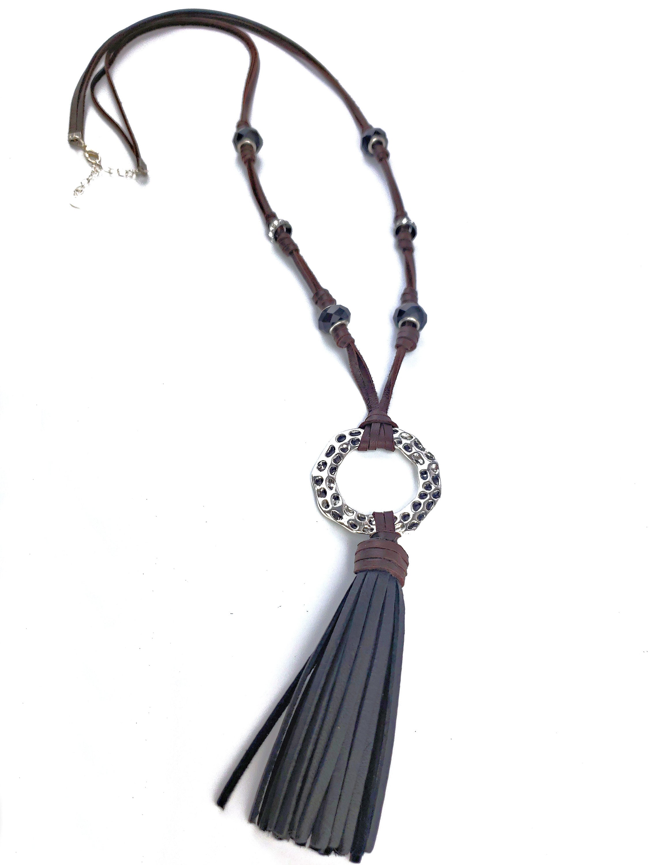 Real Leather Long Tassel Necklace Black and Silver Knotted Etsy