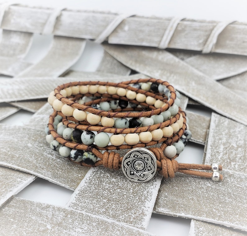 Triple Wrap Genuine Leather and Stone Bracelet Pale Etsy