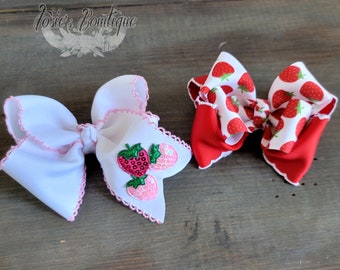 Strawberry Cutie Boutique Bow Set • Pink and Red Strawberry Ribbon Bows 2 Pack  • Best Strawberry Bows Made with Love • Josie's Bowtique