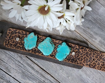 Fullgrain Cowhide Leopard and Turquoise Slab Leather Cuff · Turquoise Stone and Leopard Cowhide • Adjustable Bracelet Hand Stitched Western