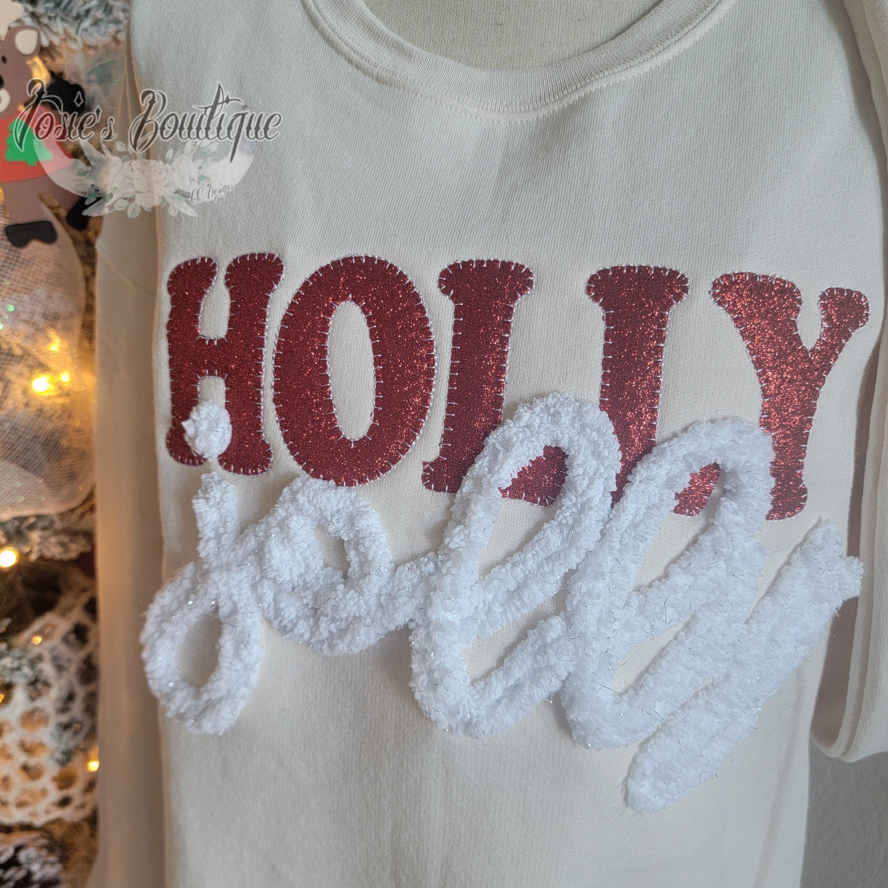 Jolly Yarn Embroidered Christmas Shirt w Bow Slit Side Sweatshirt • Sparkly Embroidered Christmas Sweatshirt w Bow Sides • Holly Sweatshirt