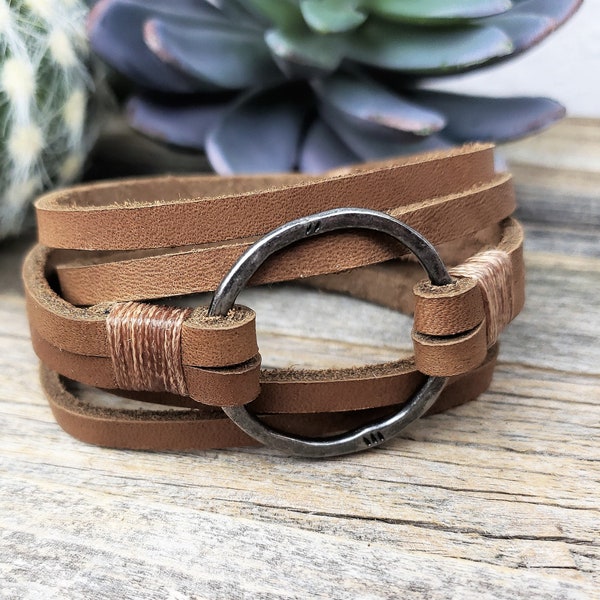 Magnetic Closure Real Leather Wrap Bracelet · Gunmetal Black and Tan Thick Leather Bracelet Wrap · Real Leather Rustic Southwest Aztec Wrap