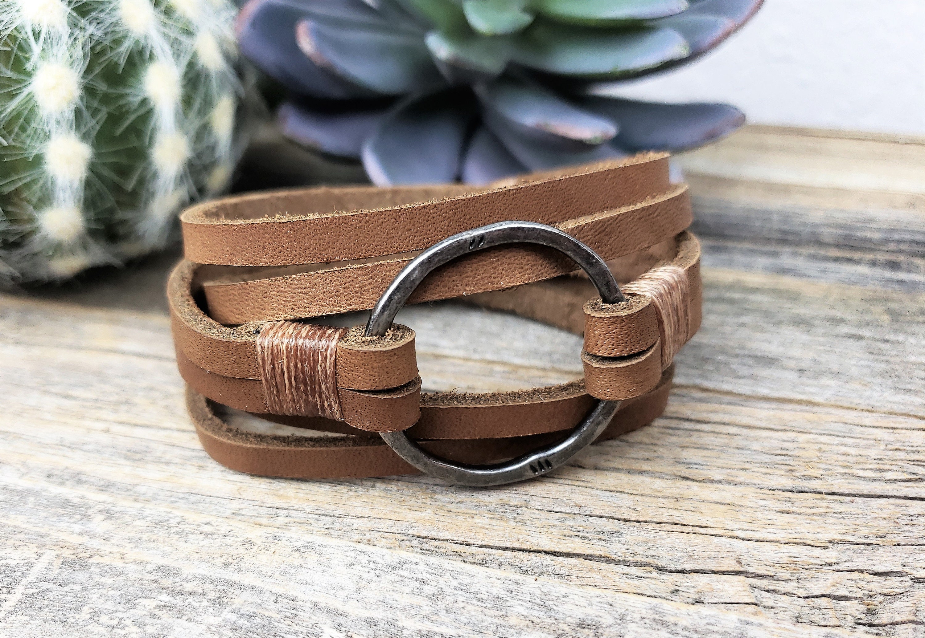 Benito - Personalized Chocolate Brown Genuine Leather Double Wrap Bracelet with Grey Snap Fastener