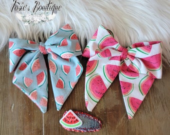 One in a Melon Bow Collection! Two Adorable Watermelon Sailor Bows and Watermelon Patch Hairclip • Personalized Sailor Bows Embroidered