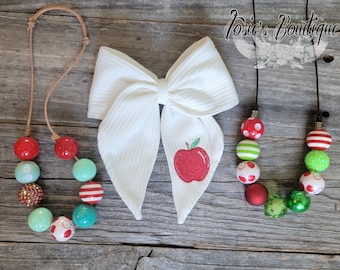 Back to School Embroidered Apple Bow • Apple Bubblegum Necklace on Adjustable Leather • Cute Girly Apple Sailor Bows and Necklaces