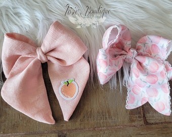 Sweet as a Peach Bow Collection! • Linen Sailor Bow with Peach Patch • Grossgrain Peach Boutique Bow with Moonstitching • Simply Sweet Bows