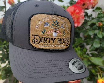 Embroidered Leather Gardening Hat Patch on Snapback Adult Hat • Funny Garden Hat for Men and Women • Fun Silly Embroidered Dirt Garden Hat